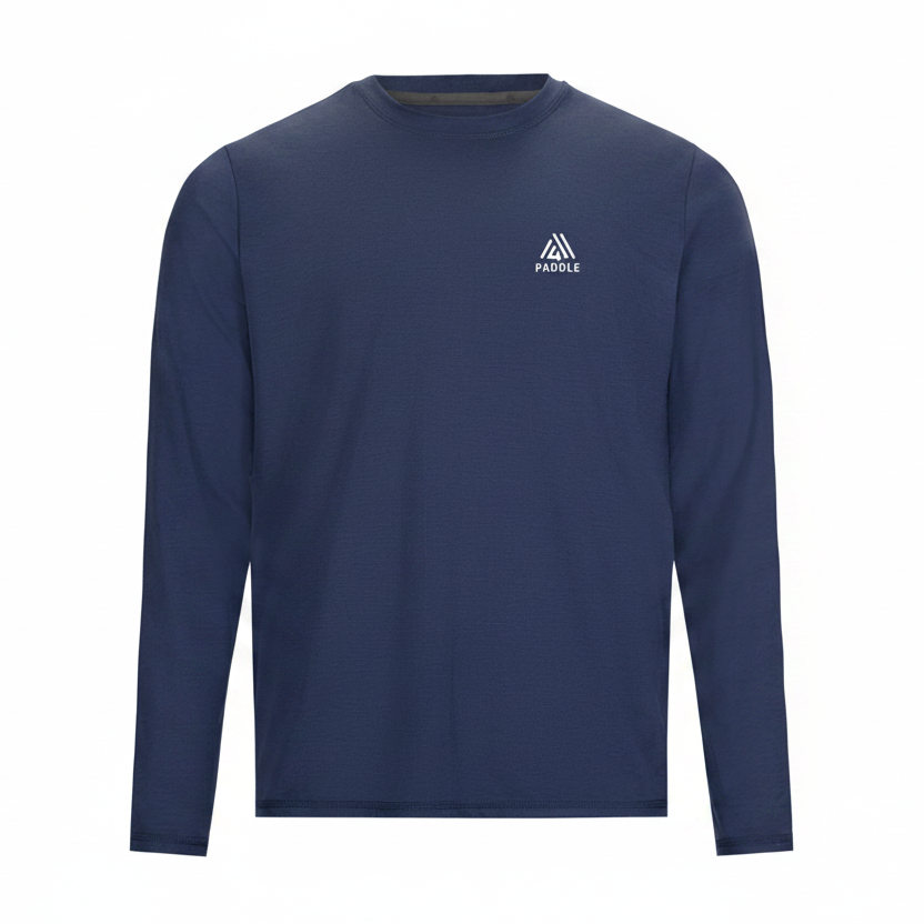 Navy long-sleeve shirt with a logo on a white background